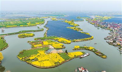工作人員在江蘇泰州海陵區(qū)華港鎮(zhèn)下溪村乘船巡檢水上光伏設(shè)備。湯德宏攝（人民視覺）